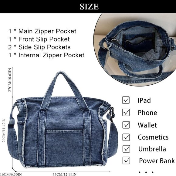 Denim Tote Bags for Women Jean Purse Casual Denim Handbag Large Capacity Crossbo - Picture 4 of 7